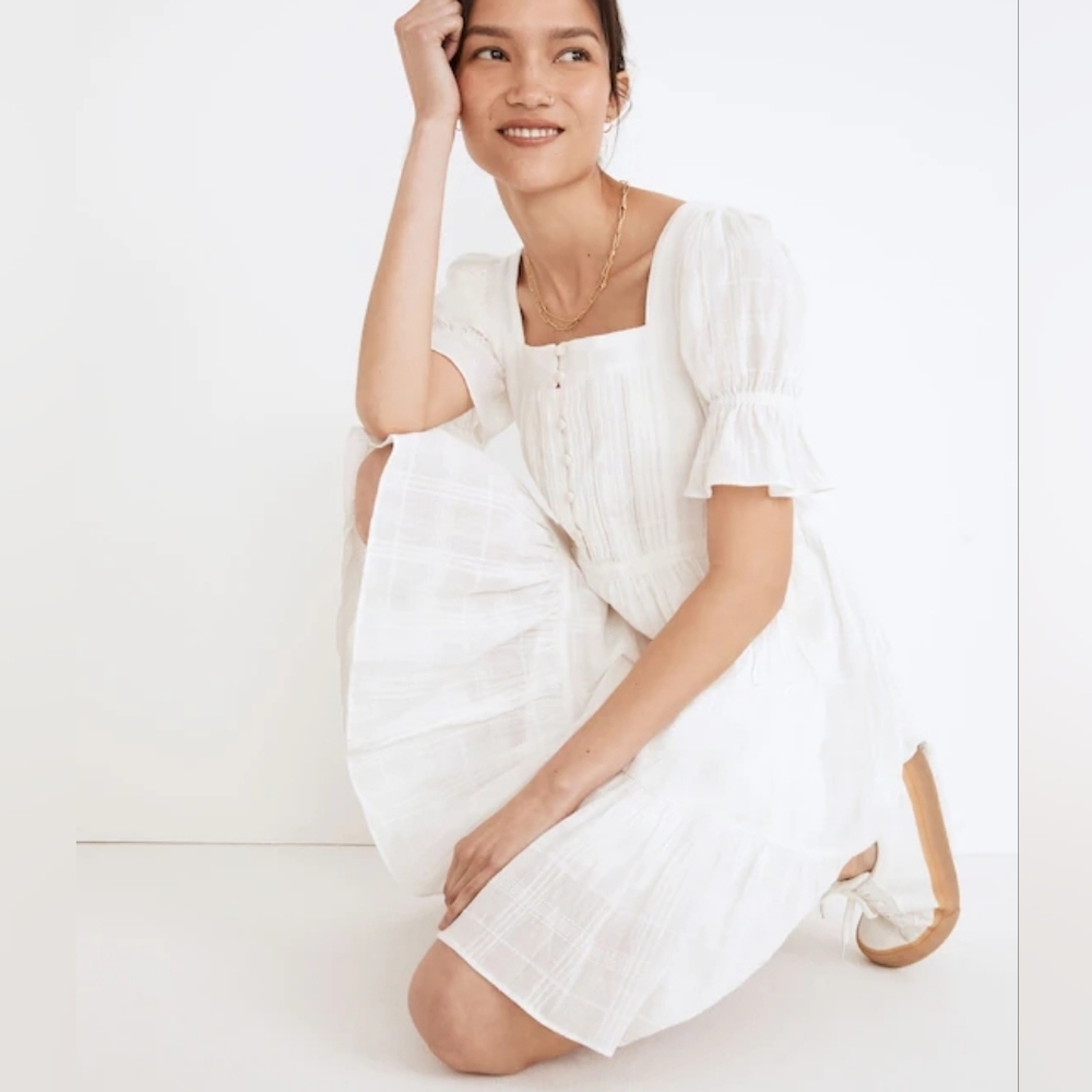 Madewell Puff Sleeve Drawstring Mini Dress Ivory Textured Cotton Tiered Skirt